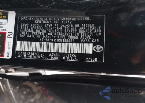2012 Toyota Camry Se Limited Edition from USA, damaged, VIN 4T1BF1FK1CU185982